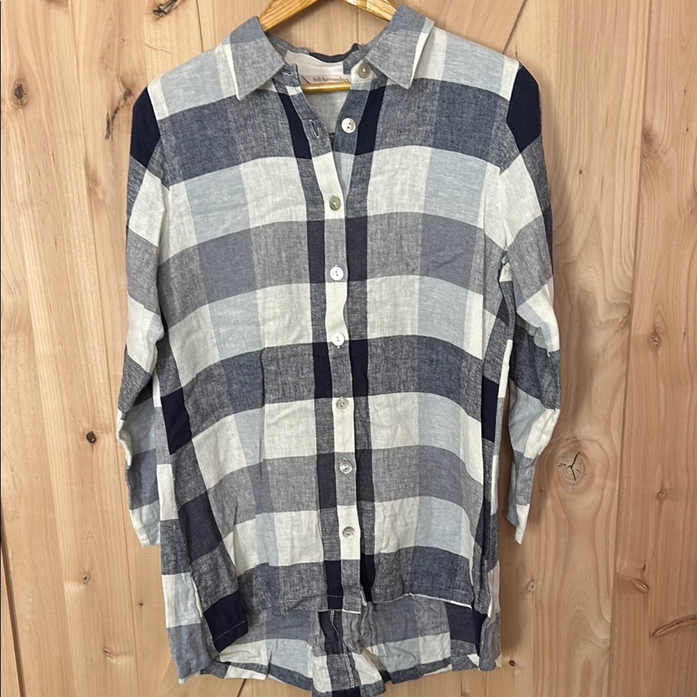 Blue and White Plaid Button-Up Shirt